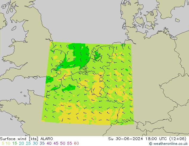 Wind 10 m ALARO zo 30.06.2024 18 UTC