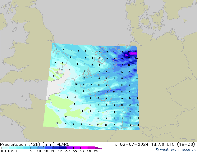 Totale neerslag (12h) ALARO di 02.07.2024 06 UTC