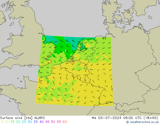 Wind 10 m ALARO wo 03.07.2024 06 UTC