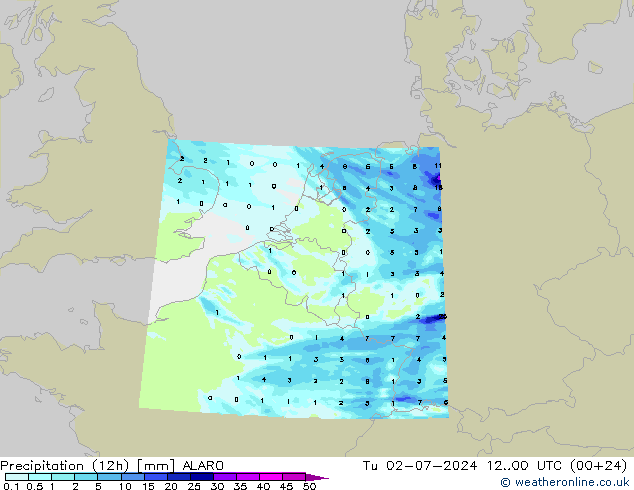 降水量 (12h) ALARO 星期二 02.07.2024 00 UTC