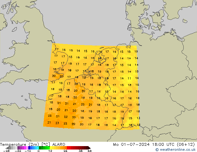 温度图 ALARO 星期一 01.07.2024 18 UTC