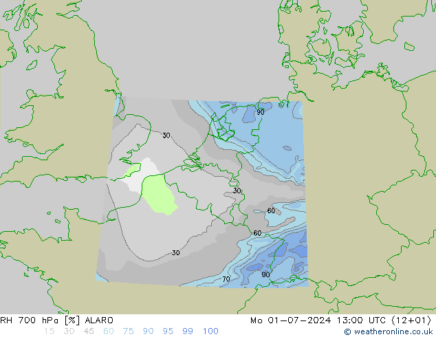 RH 700 hPa ALARO 星期一 01.07.2024 13 UTC