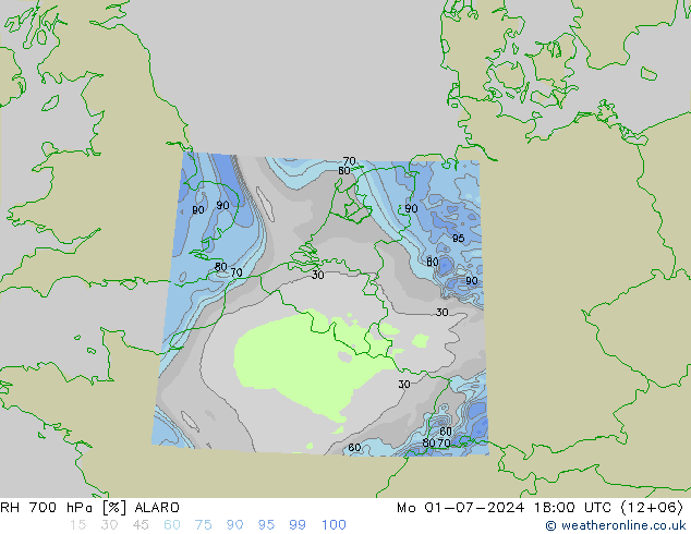 RH 700 hPa ALARO 星期一 01.07.2024 18 UTC
