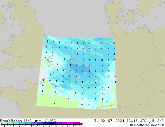 Totale neerslag (6h) ALARO di 02.07.2024 18 UTC