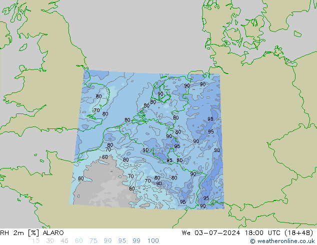 RH 2m ALARO 星期三 03.07.2024 18 UTC