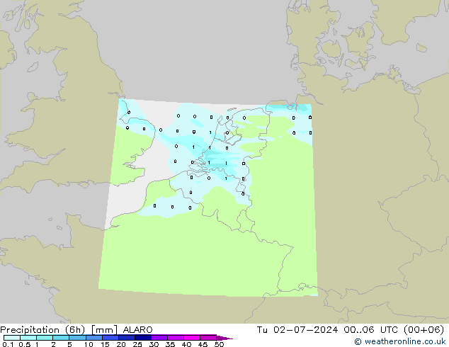 Totale neerslag (6h) ALARO di 02.07.2024 06 UTC