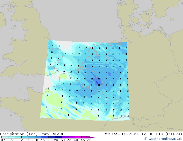 降水量 (12h) ALARO 星期三 03.07.2024 00 UTC