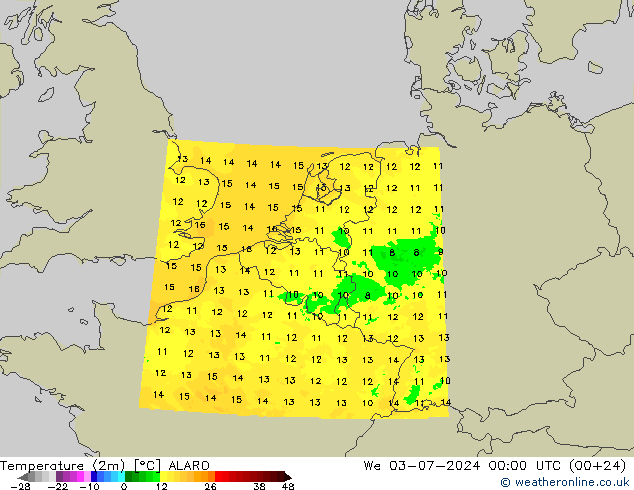 Temperatuurkaart (2m) ALARO wo 03.07.2024 00 UTC