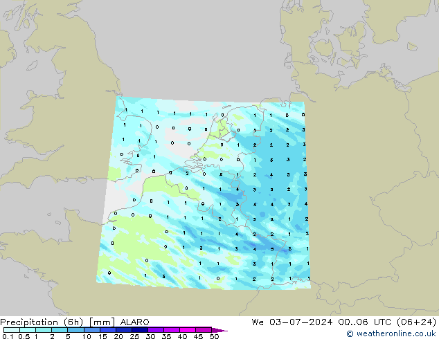 降水量 (6h) ALARO 星期三 03.07.2024 06 UTC