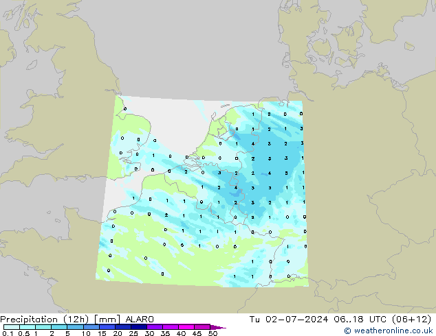 Totale neerslag (12h) ALARO di 02.07.2024 18 UTC