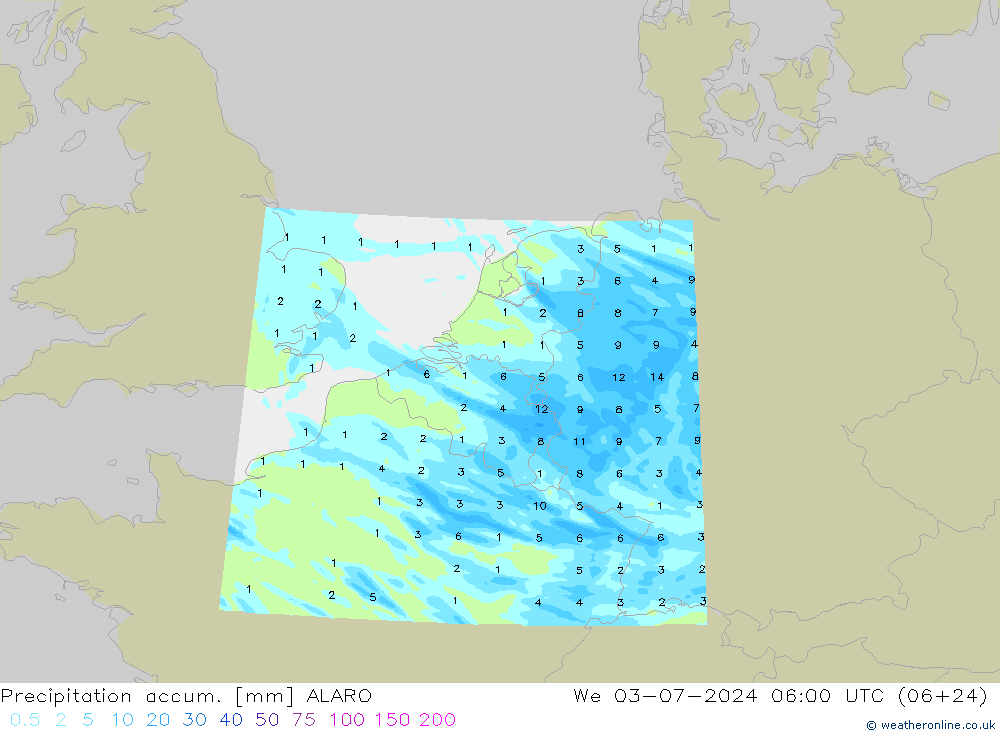 Totale neerslag ALARO wo 03.07.2024 06 UTC