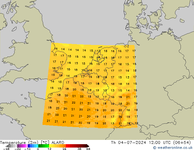 温度图 ALARO 星期四 04.07.2024 12 UTC