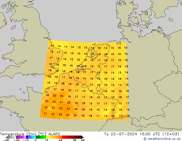 温度图 ALARO 星期二 02.07.2024 15 UTC