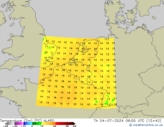 温度图 ALARO 星期四 04.07.2024 06 UTC
