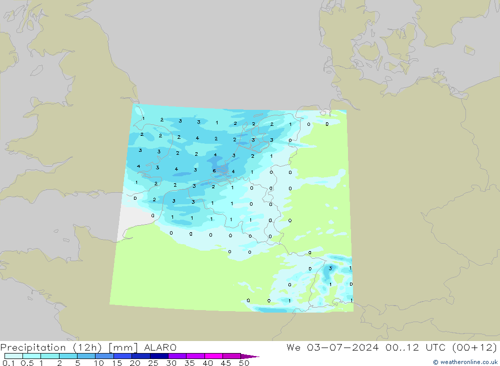 降水量 (12h) ALARO 星期三 03.07.2024 12 UTC