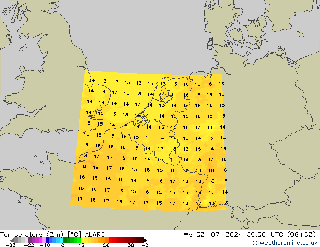 Temperatuurkaart (2m) ALARO wo 03.07.2024 09 UTC