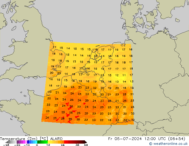 Temperatuurkaart (2m) ALARO vr 05.07.2024 12 UTC