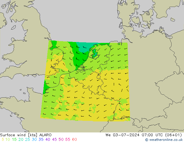 Wind 10 m ALARO wo 03.07.2024 07 UTC