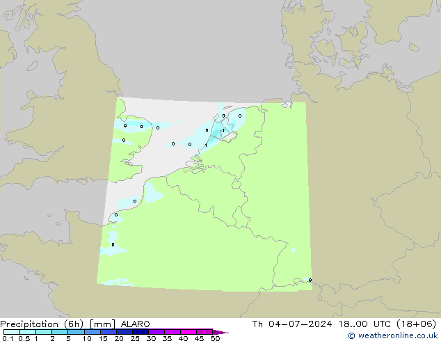 降水量 (6h) ALARO 星期四 04.07.2024 00 UTC