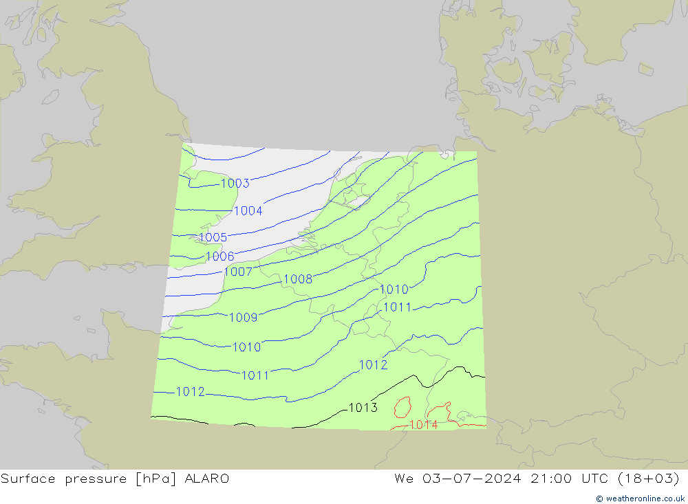 地面气压 ALARO 星期三 03.07.2024 21 UTC