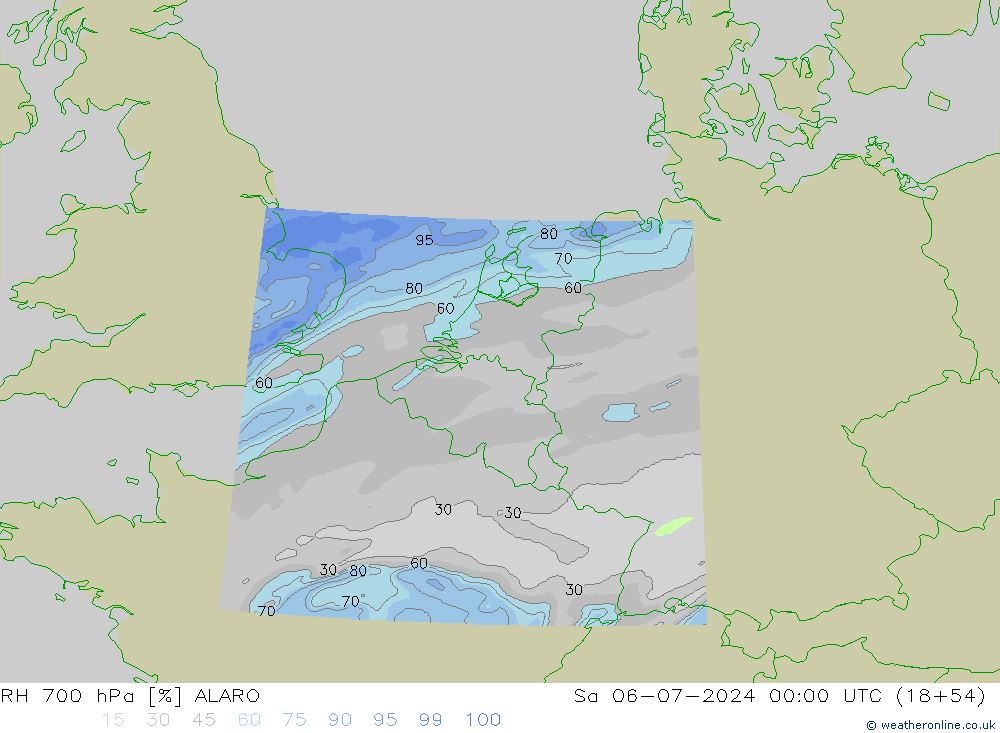 RH 700 hPa ALARO 星期六 06.07.2024 00 UTC