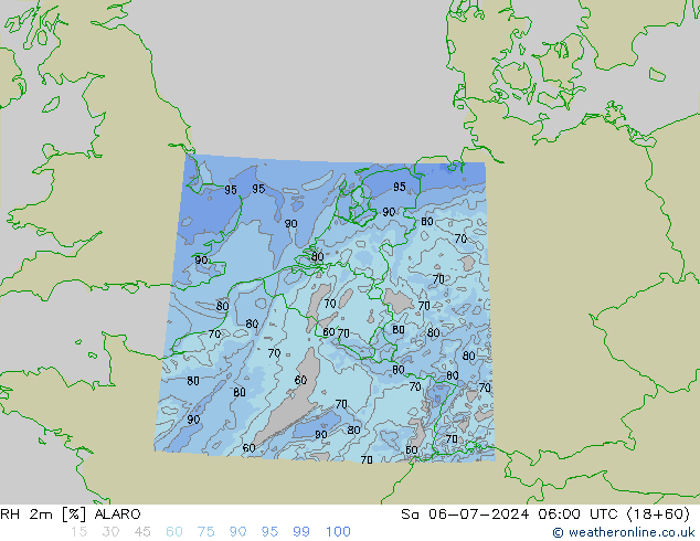 RH 2m ALARO 星期六 06.07.2024 06 UTC