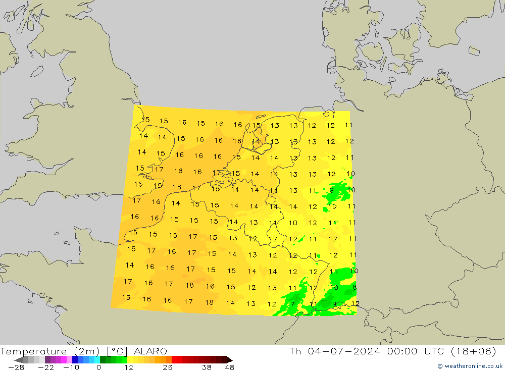 温度图 ALARO 星期四 04.07.2024 00 UTC