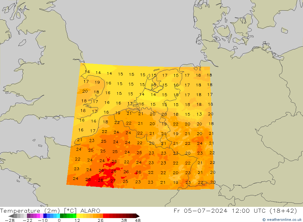 温度图 ALARO 星期五 05.07.2024 12 UTC