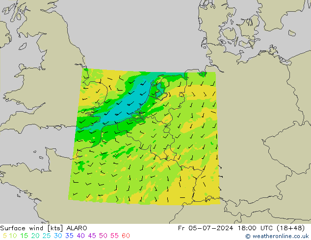 Wind 10 m ALARO vr 05.07.2024 18 UTC