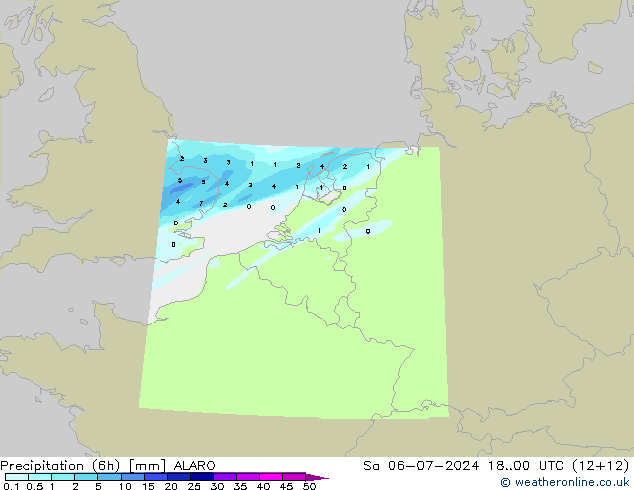 降水量 (6h) ALARO 星期六 06.07.2024 00 UTC