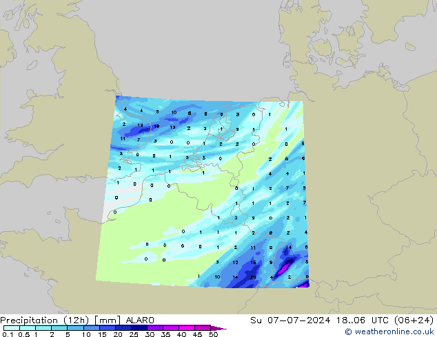 降水量 (12h) ALARO 星期日 07.07.2024 06 UTC