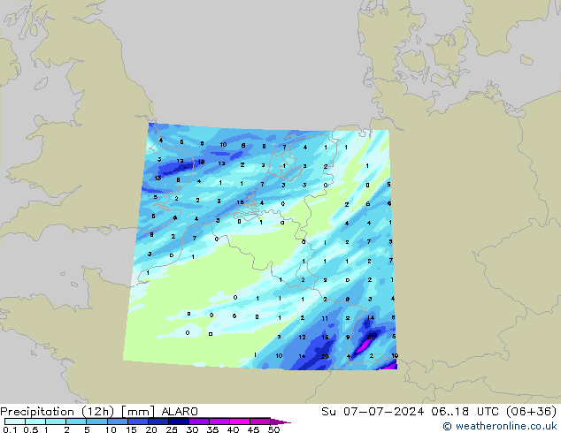 降水量 (12h) ALARO 星期日 07.07.2024 18 UTC