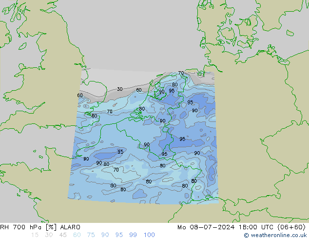 RH 700 hPa ALARO 星期一 08.07.2024 18 UTC