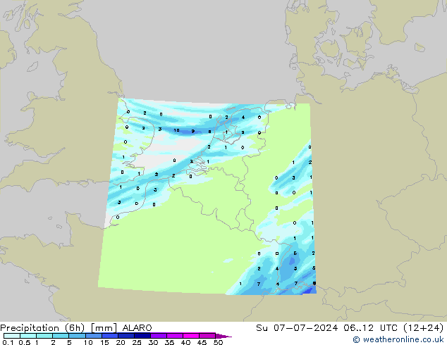 Totale neerslag (6h) ALARO zo 07.07.2024 12 UTC