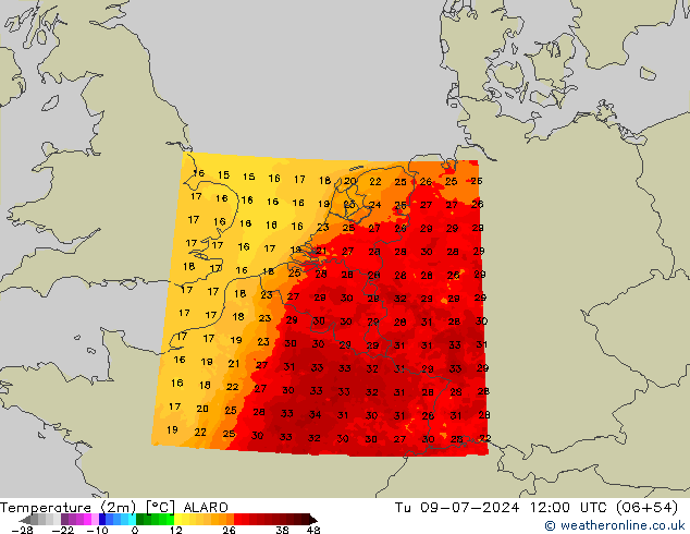 Temperatuurkaart (2m) ALARO di 09.07.2024 12 UTC