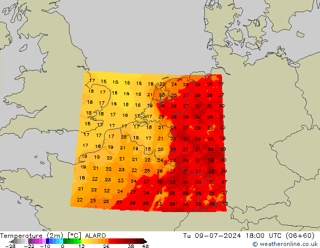 Temperatuurkaart (2m) ALARO di 09.07.2024 18 UTC