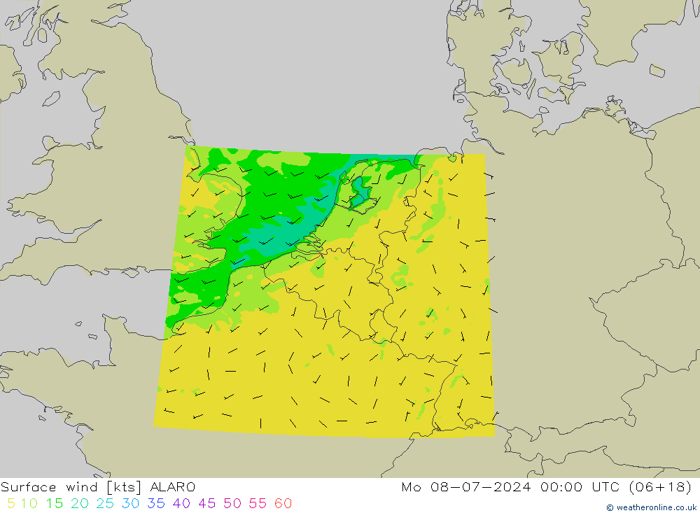 Wind 10 m ALARO ma 08.07.2024 00 UTC