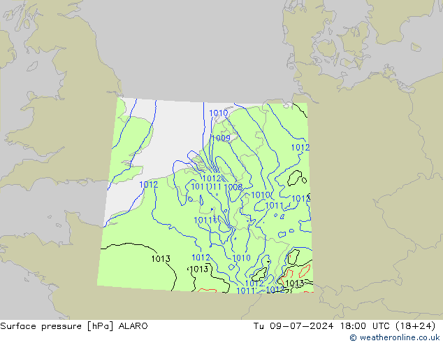 地面气压 ALARO 星期二 09.07.2024 18 UTC