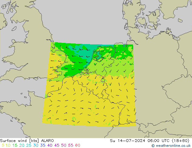 Wind 10 m ALARO zo 14.07.2024 06 UTC