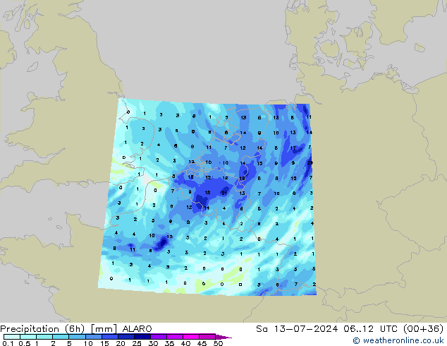 Totale neerslag (6h) ALARO za 13.07.2024 12 UTC
