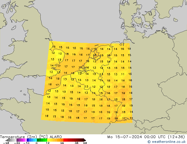 Temperatuurkaart (2m) ALARO ma 15.07.2024 00 UTC