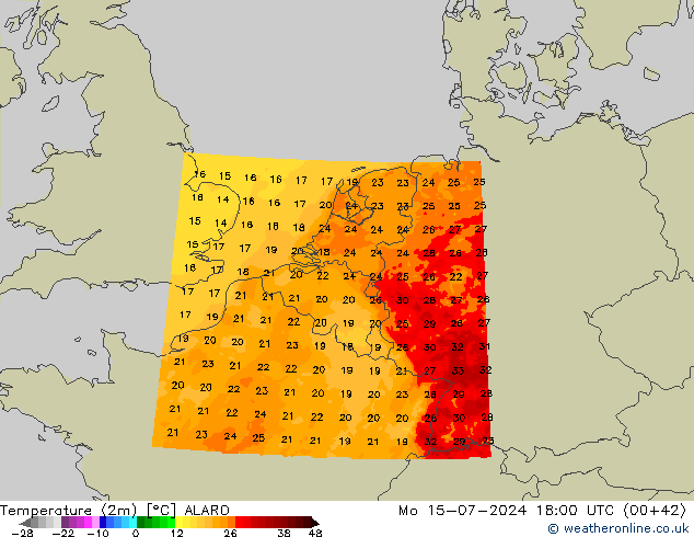 Temperatuurkaart (2m) ALARO ma 15.07.2024 18 UTC