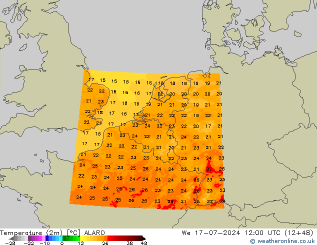 Temperatuurkaart (2m) ALARO wo 17.07.2024 12 UTC