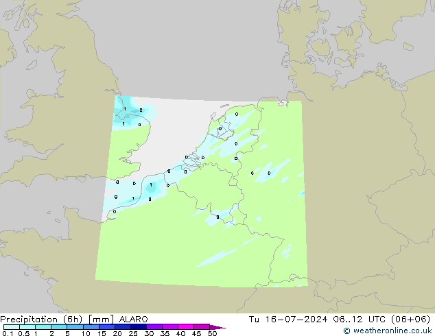 降水量 (6h) ALARO 星期二 16.07.2024 12 UTC