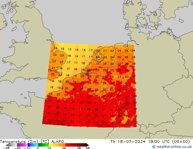 Temperatuurkaart (2m) ALARO do 18.07.2024 18 UTC