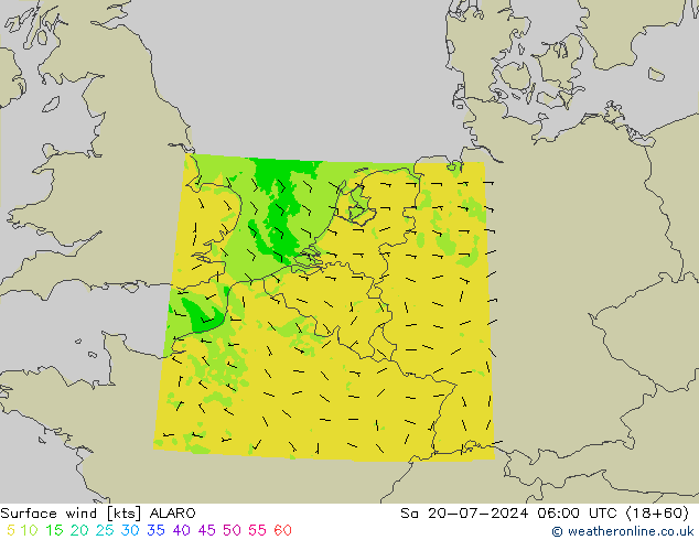 Wind 10 m ALARO za 20.07.2024 06 UTC