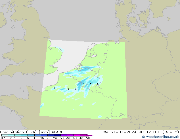 降水量 (12h) ALARO 星期三 31.07.2024 12 UTC