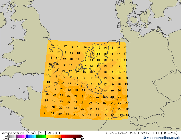 Temperatuurkaart (2m) ALARO vr 02.08.2024 06 UTC