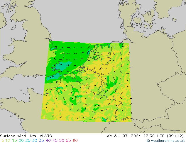 Wind 10 m ALARO wo 31.07.2024 12 UTC
