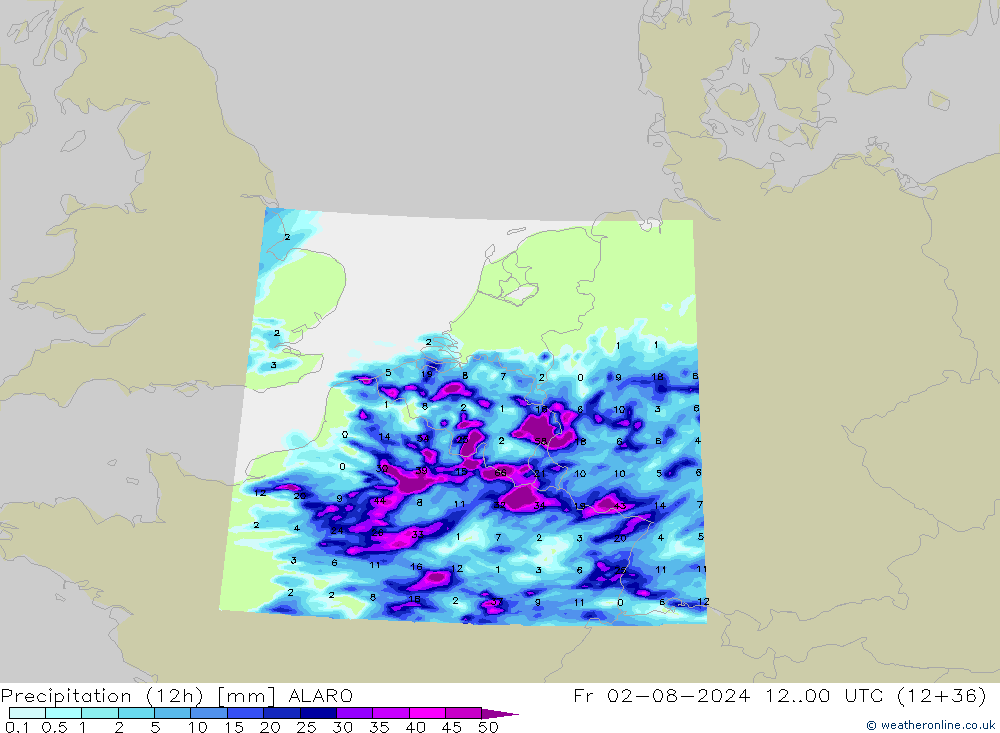 降水量 (12h) ALARO 星期五 02.08.2024 00 UTC